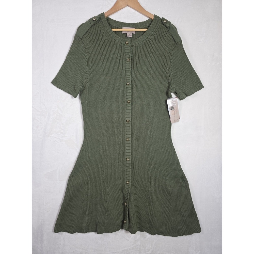 French Connection Olive Knit Dress XL NWT Ribbed Button Front Casual Office - Picture 2 of 11